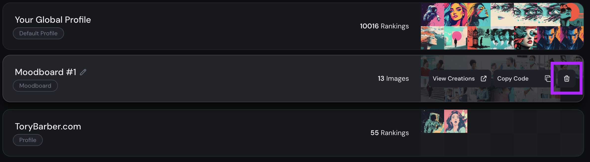 Delete button on Personalize Profile in Midjourney